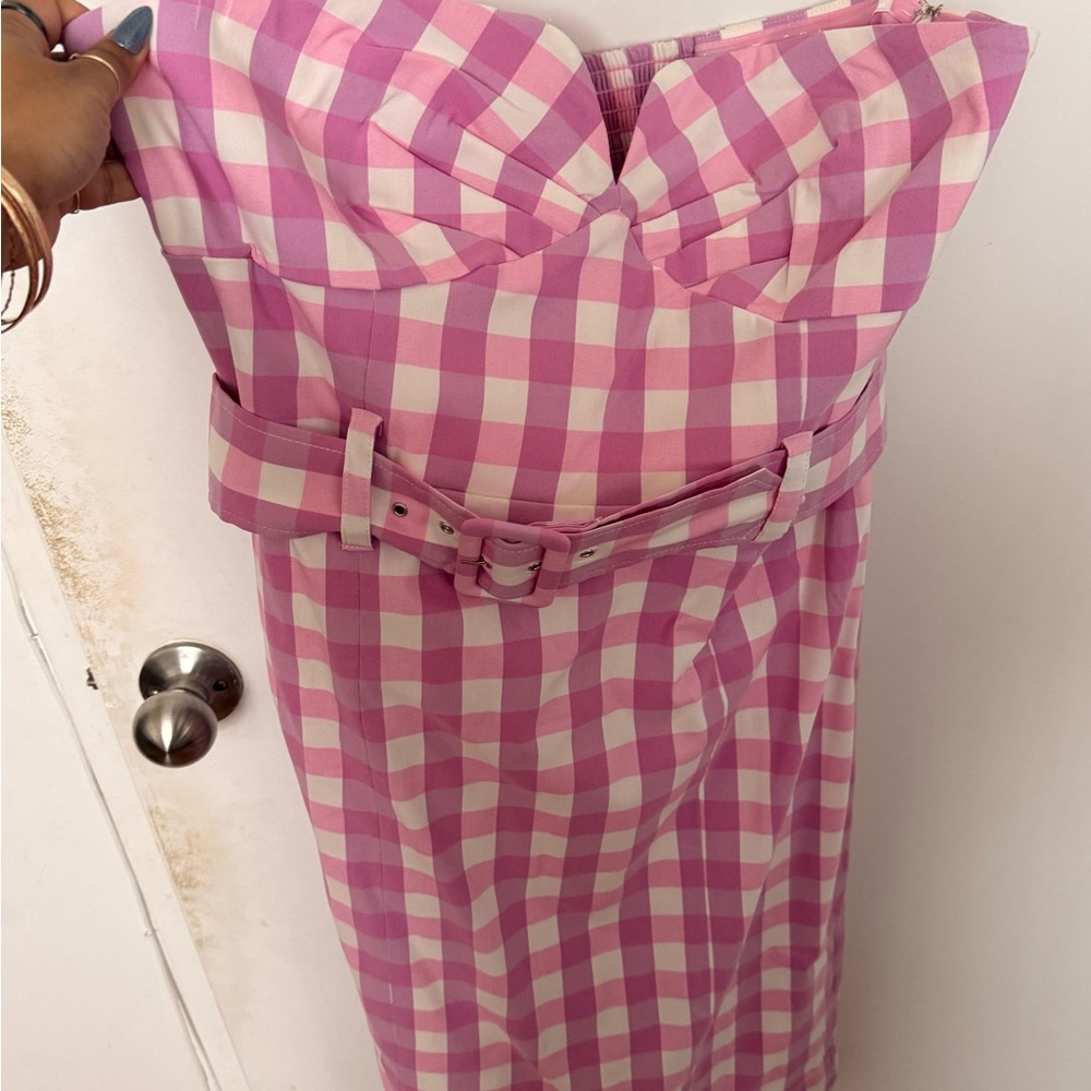 Pink Gingham Strapless Dress - Picture 2 of 7